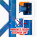 Blue metal shelving unit with an inset showing a stronger design feature, labeled 'Improved Design Stronger Unit'.