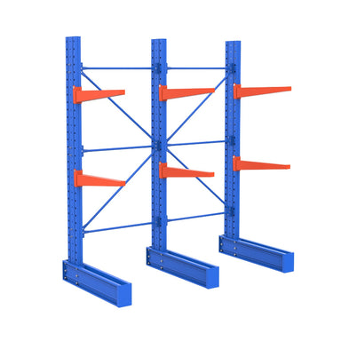 2 bay Blue metal storage rack with orange shelves on a white background
