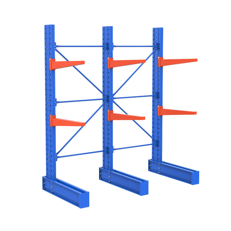 2 bay Blue metal storage rack with orange shelves on a white background